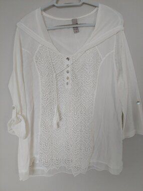 TREDY Women's lace Drawstring Roll-Tab Hoodie in Ivory EU46 US 16 Boho